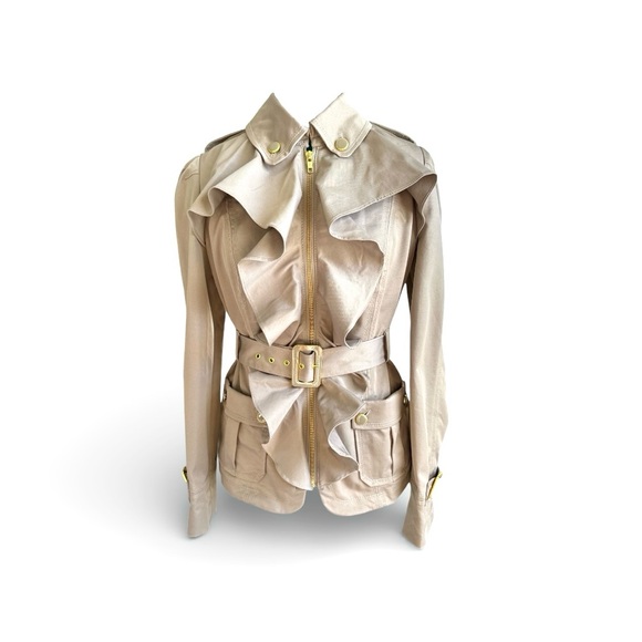 Anthropologie Jackets & Blazers - NWOT Elevenses Beige Ruffle Trench Coat with Gold Accents